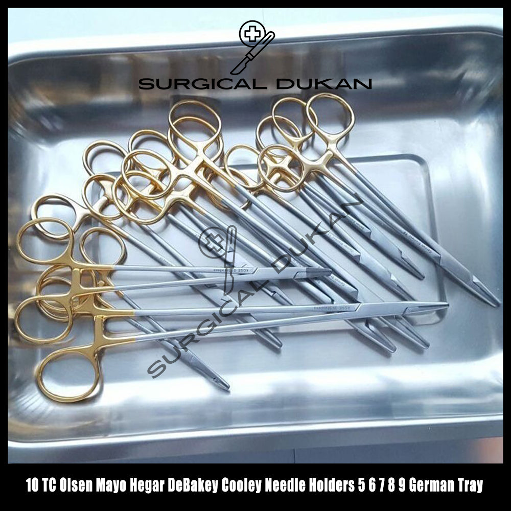 10 TC OLSEN MAYO HEGAR DEBAKEY COOLEY NEEDLE HOLDERS 5 6 7 8 9 GERMAN TRAY